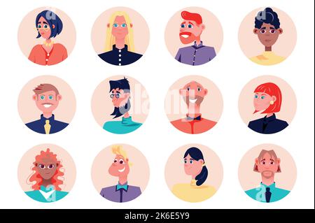 Geschäftsleute Avatare isoliert. Geschäftsmann und Geschäftsfrau, die im Unternehmen arbeitet. Verschiedene Männer und Frauen, männliche und weibliche Gesichtsmaskotten. Vektor Stock Vektor