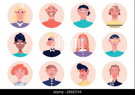 Emoji Menschen Avatare isoliert gesetzt. Männer und Frauen drücken unterschiedliche Gesichtsemotionen wie Lächeln, Lachen, Traurigkeit, Wut, Liebe und andere aus. Vektor Stock Vektor
