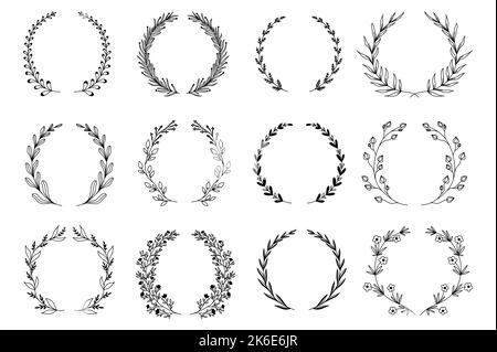 Dekorativer Ast-Kranz im handgezeichneten Design. Laurel Blätter Kranz und dekorative Zweig bündeln. Verschiedene Arten von Kräutern, Zweige mit Blumen Stock Vektor