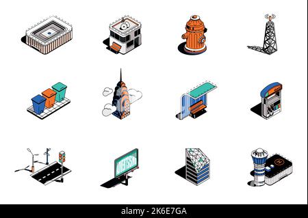 Stadtinfrastruktur und Gebäude 3D isometrische Symbole gesetzt. Packelemente von Stadion, Hydrant, Türmen, Mülltonnen, Tankstelle, Straße, Plakatwand und Stock Vektor