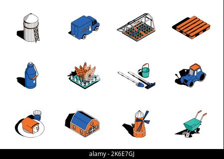 Landwirtschaft und Landwirtschaft 3D isometrische Symbole gesetzt. Packelemente von Getreidespeicher, Milchprodukten, Produkten, Gewächshaus, Palette, Weizen, Gartengeräte, Scheune und andere Stock Vektor