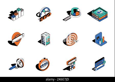 SEO-Analyse und -Optimierung 3D isometrische Symbole gesetzt. Elemente von Netzwerk, Ziel, Verkehr, Bewertung, Keyword-Ranking, Marktforschung und andere Stock Vektor