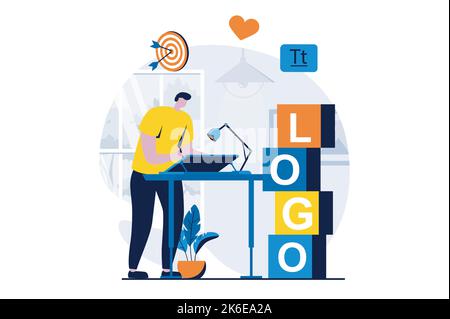 Branding-Teamkonzept mit People-Szene im flachen Cartoon-Design. Mann, der Logo zeichnet und an der Markenentwicklung und Corporate Identity, Business, arbeitet Stock Vektor