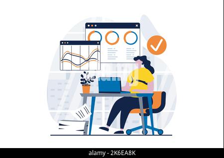 Datenanalyse-Konzept mit People-Szene in flachen Cartoon-Design. Frau, die mit Statistiken und Diagrammen mit Laptop, Wirtschaftsprüfung und Buchhaltung arbeitet Stock Vektor