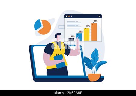 Datenanalyse-Konzept mit People-Szene in flachen Cartoon-Design. Mann, der mit Datenstatistiken und Diagrammen und Geschäftsabrechnungen arbeitet, Auditing mit Stock Vektor