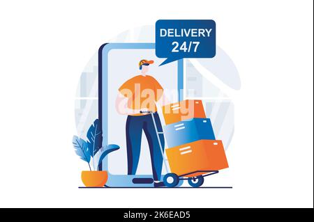 Lieferservice-Konzept mit People-Szene in flachen Cartoon-Design. Männlicher Kurier liefert Pakete in 24-Stunden-Service des Versands und der Arbeit in Stock Vektor