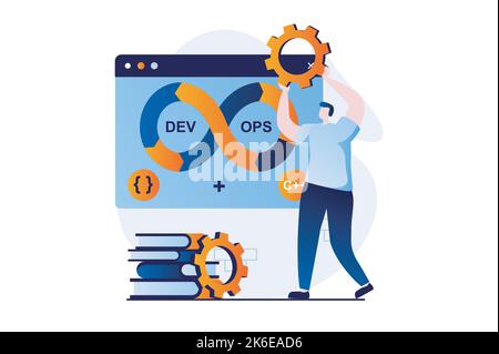 DevOps Konzept mit People-Szene in flachem Cartoon-Design. Man optimiert Software-Erstellungsprozesse, implementiert Praktiken von Entwicklungsvorgängen in Stock Vektor