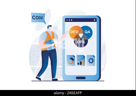 DevOps Konzept mit People-Szene in flachem Cartoon-Design. Mann, der die Verwaltung, den Entwicklungsbetrieb und den Programmierungsprozess für mobile Apps einstellt Stock Vektor