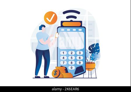 E-Payment-Prozess-Konzept mit People-Szene in flachen Cartoon-Design. Frau zahlt für Einkäufe kontaktlos über Smartphone und Konto im Internet Stock Vektor