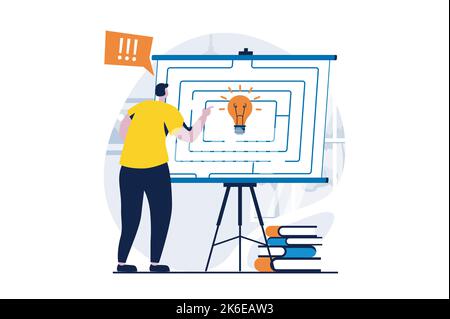 Lösungskonzept mit People-Szene im flachen Cartoon-Design finden. Der Mensch generiert neue Ideen, bereitet die Präsentation der Geschäftsstrategie mit dem Prozess vor Stock Vektor