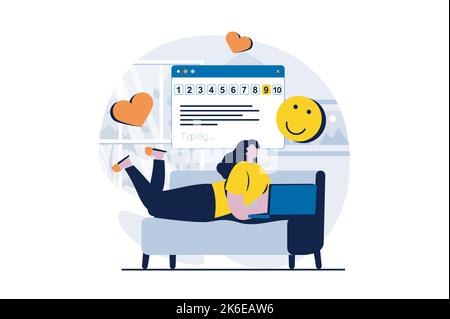 Feedback-Seite Konzept mit Menschen Szene in flachen Cartoon-Design. Frau gibt hohe Bewertung und lässt Herzen und Emoticons in Online-Form. Kunde Stock Vektor