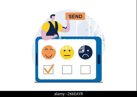 Feedback-Seite Konzept mit Menschen Szene in flachen Cartoon-Design. Der Mann schickt seine Einschätzung und wählt positives Emoticon in Online-Form. Kunde Stock Vektor