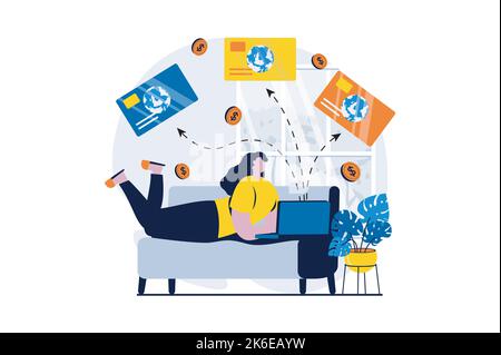 E-Payment-Prozess-Konzept mit People-Szene in flachen Cartoon-Design. Frau verwaltet ihre Kreditkarten und erzwingt Finanztransaktionen mit einem Laptop bei Stock Vektor