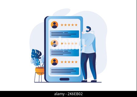 Feedback-Seite Konzept mit Menschen Szene in flachen Cartoon-Design. Man liest Kommentare mit Stars anderer Kunden und trifft die Wahl. Kunde Stock Vektor