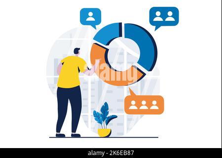 Lösungskonzept mit People-Szene im flachen Cartoon-Design finden. Man arbeitet mit Diagramm in Sektoren nach Gruppen von Menschen unterteilt, Analysen und Stock Vektor
