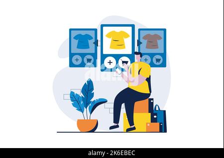 Mobile Commerce-Konzept mit Menschen Szene in flachen Cartoon-Design. Mann wählt Kleidung aus Sortiment von Online-Shop, platziert Bestellung und zahlt in Stock Vektor