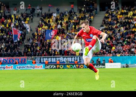 Bukarest, Rumänien. 14. Oktober 2022. 14. Oktober 2022: Lukas Engel #29 von Silkeborg, WENN während des UEFA Europa Conference League-Spiel der Gruppe B zwischen FCSB Bukarest und Silkeborg IM National Arena Stadium in Bukarest, Rumänien, ROU. Catalin Soare/Cronos Kredit: Cronos/Alamy Live Nachrichten Stockfoto