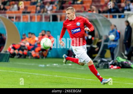 Bukarest, Rumänien. 14. Oktober 2022. 14. Oktober 2022: Sebastian Jorgensen #27 von Silkeborg, WENN während des UEFA Europa Conference League-Spiel der Gruppe B zwischen FCSB Bukarest und Silkeborg IM National Arena Stadium in Bukarest, Rumänien, ROU. Catalin Soare/Cronos Kredit: Cronos/Alamy Live Nachrichten Stockfoto