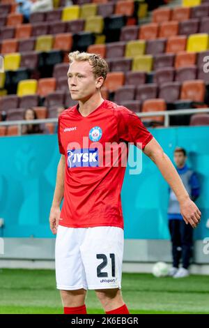 Bukarest, Rumänien. 14. Oktober 2022. 14. Oktober 2022: Anders Klynge #21 von Silkeborg, WENN während des UEFA Europa Conference League-Spiel der Gruppe B zwischen FCSB Bukarest und Silkeborg IM National Arena Stadium in Bukarest, Rumänien, ROU. Catalin Soare/Cronos Kredit: Cronos/Alamy Live Nachrichten Stockfoto