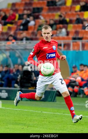 Bukarest, Rumänien. 14. Oktober 2022. 14. Oktober 2022: Sebastian Jorgensen #27 von Silkeborg, WENN während des UEFA Europa Conference League-Spiel der Gruppe B zwischen FCSB Bukarest und Silkeborg IM National Arena Stadium in Bukarest, Rumänien, ROU. Catalin Soare/Cronos Kredit: Cronos/Alamy Live Nachrichten Stockfoto