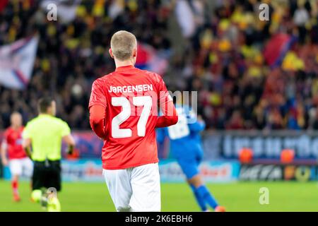 Bukarest, Rumänien. 14. Oktober 2022. 14. Oktober 2022: Sebastian Jorgensen #27 von Silkeborg, WENN während des UEFA Europa Conference League-Spiel der Gruppe B zwischen FCSB Bukarest und Silkeborg IM National Arena Stadium in Bukarest, Rumänien, ROU. Catalin Soare/Cronos Kredit: Cronos/Alamy Live Nachrichten Stockfoto