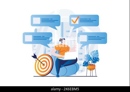 Online-Umfragekonzept mit People-Szene im flachen Cartoon-Design. Frau beantwortet Testfragen und wählt mit die richtigen Markierungen im Fragebogen-Formular aus Stock Vektor