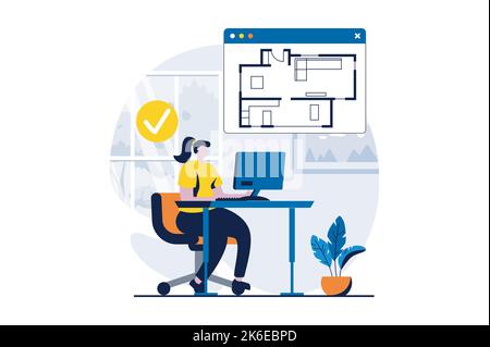 Immobilienkonzept mit People-Szene im flachen Cartoon-Design. Frau Zeichnung Plan für zukünftige Wohnung sitzen am Computer und plant, zu neuen zu bewegen Stock Vektor
