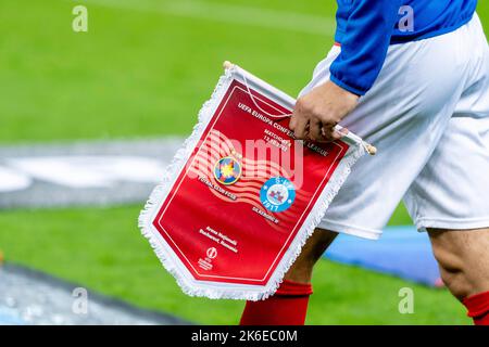 Bukarest, Rumänien. 14. Oktober 2022. 14. Oktober 2022: Die Spielflagge des UEFA Europa Conference League-Spiel der Gruppe B zwischen FCSB Bukarest und Silkeborg IM National Arena Stadium in Bukarest, Rumänien ROU. Catalin Soare/Cronos Kredit: Cronos/Alamy Live Nachrichten Stockfoto