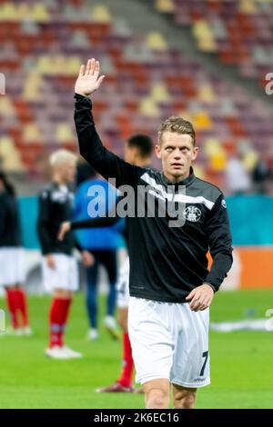 Bukarest, Rumänien. 14. Oktober 2022. 14. Oktober 2022: Kasper Kusk #7 von Silkeborg, WENN während des UEFA Europa Conference League-Spiel der Gruppe B zwischen FCSB Bukarest und Silkeborg IM National Arena Stadium in Bukarest, Rumänien, ROU. Catalin Soare/Cronos Kredit: Cronos/Alamy Live Nachrichten Stockfoto