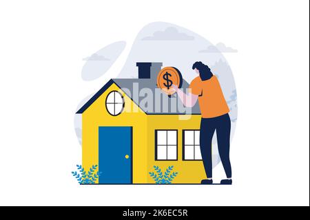 Immobilienkonzept mit People-Szene im flachen Cartoon-Design. Frau investiert Geld in den Kauf von Privathaus und zu bewegen oder zahlt Hypothek in Stock Vektor