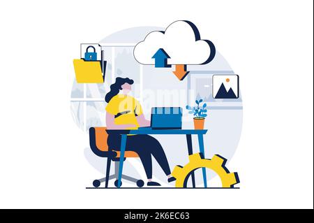 SaaS-Konzept mit People-Szene im flachen Cartoon-Design. Frau, die mit Daten arbeitet, Dateien über Cloud-Speicher hochlädt und herunterlädt. Software als Stock Vektor
