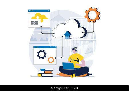 SaaS-Konzept mit People-Szene im flachen Cartoon-Design. Frau, die mit Hosting, Hochladen und Herunterladen von Dateien, Cloud-Technologie arbeitet. Software als Stock Vektor