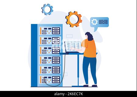 Server-Wartungskonzept mit People-Szene im flachen Cartoon-Design. Frau, die am Laptop im Server-Rack-Hardwareraum arbeitet, überwacht und Stock Vektor