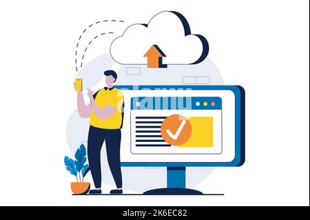 SaaS-Konzept mit People-Szene im flachen Cartoon-Design. Mann, der Dateien mithilfe von Cloud-Speicher hochlädt und sie zwischen verschiedenen Gadgets teilt. Software als Stock Vektor