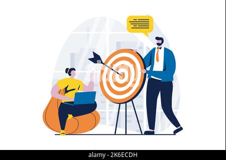 Strategisches Planungskonzept mit People-Szene im flachen Cartoon-Design. Mann und Frau diskutieren über Arbeitsaufgaben, Targeting, Geschäftsentwicklung und Startup Stock Vektor