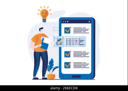 Strategisches Planungskonzept mit People-Szene im flachen Cartoon-Design. Man entwickelt Strategie, stellt Aufgaben Mobile App und organisiert Workflows zur Verbesserung Stock Vektor