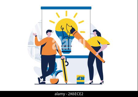 Teamwork-Konzept mit People-Szene im flachen Cartoon-Design. Mann und Frau arbeiten als Künstler zusammen, generieren kreative Ideen, zeichnen und diskutieren Stock Vektor