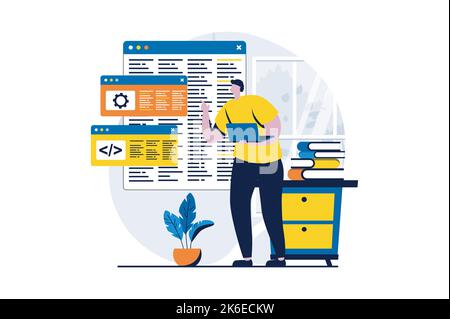 Software-Entwicklung Konzept mit Menschen Szene in flachen Cartoon-Design. Mann Entwickler arbeiten mit Programmiersprache, Codierung bei Screens Engineering Stock Vektor