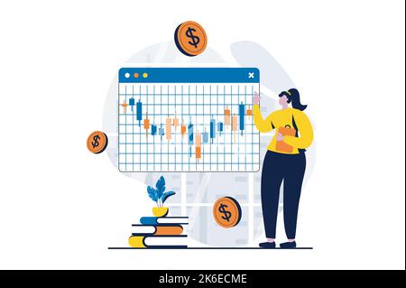 Aktienmarktkonzept mit People-Szene in flachem Cartoon-Design. Frau kauft und verkauft im Austausch mit erfolgreicher Strategie, analysiert Daten und steigt Stock Vektor
