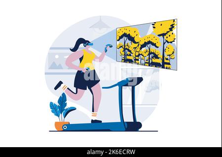 Virtual-Reality-Konzept mit Menschen Szene in flachen Cartoon-Design. Frau in VR-Brille, die beim Laufen mit dem Bildschirm im Cyberspace interagiert Stock Vektor