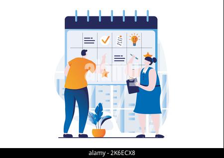 Strategisches Planungskonzept mit People-Szene im flachen Cartoon-Design. Mann und Frau entwickeln eine Strategie, legen Aufgaben im Kalender fest und organisieren Workflows Stock Vektor
