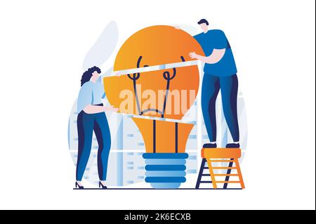 Teamwork-Konzept mit People-Szene im flachen Cartoon-Design. Mann und Frau generieren neue Ideen, Brainstorming, arbeiten zusammen an Projekt und Stock Vektor