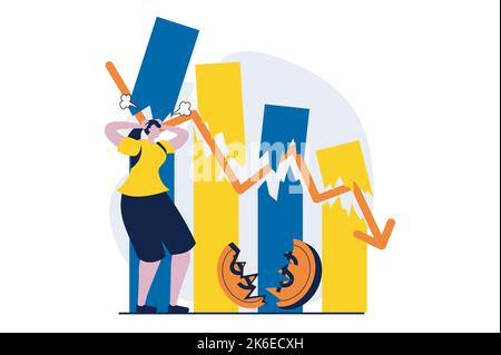 Aktienmarktkonzept mit People-Szene in flachem Cartoon-Design. Frau verliert Geld und Investitionen, Analyse Chart mit negativem Trend, finanzielle Stock Vektor