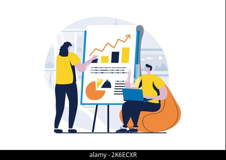 Strategisches Planungskonzept mit People-Szene im flachen Cartoon-Design. Mann und Frau diskutieren über Arbeitsaufgaben, Brainstorming, Geschäftsentwicklung und Daten Stock Vektor