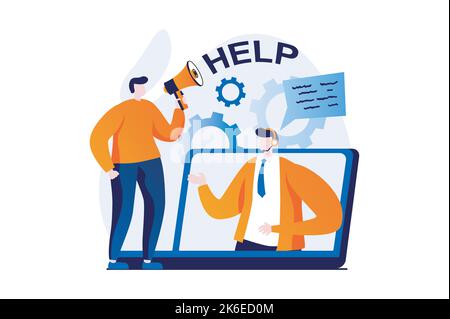 Technische Unterstützung Konzept mit Menschen Szene in flachen Cartoon-Design. Mann mit Megaphon im Chat mit Berater für die Lösung von Problemen und online Stock Vektor