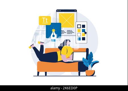 UI ux Designkonzept mit People-Szene im flachen Cartoon-Design. Frau erstellt Elemente für die Benutzeroberfläche, platziert Schaltflächen im Layout und arbeitet bei Stock Vektor