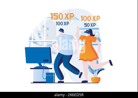 Virtual-Reality-Konzept mit Menschen Szene in flachen Cartoon-Design. Mann und Frau in VR-Brille spielen Videospiel im Cyberspace, spielen, konkurrieren und Stock Vektor
