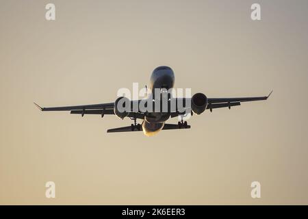 Silhouette der Landung am Flughafen bei Sonnenuntergang Stockfoto