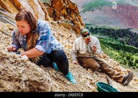 Prospektion von Paaren; Kunden von Brian Busse; American Gemtracker; berühmter Edelsteinminer; Besitzer des berühmten „Thank You Lord“-Anspruchs von Aquamarin Stockfoto