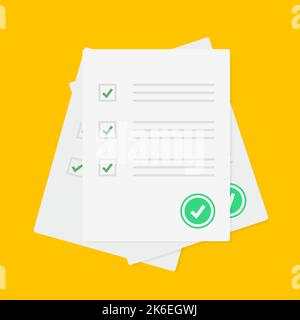Papierbögen für Umfragen oder Prüfungen mit beantworteter Quiz-Checkliste und Erfolgsbeurteilung, Idee der Bildungsprüfung, Fragebogen Stock Vektor